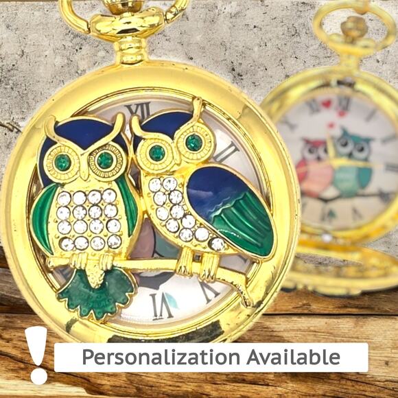 Twin Owls Pocket Watch - Gift for Bird Lovers Gold Owl Pendant Costume Jewelry - Picture 1 of 10